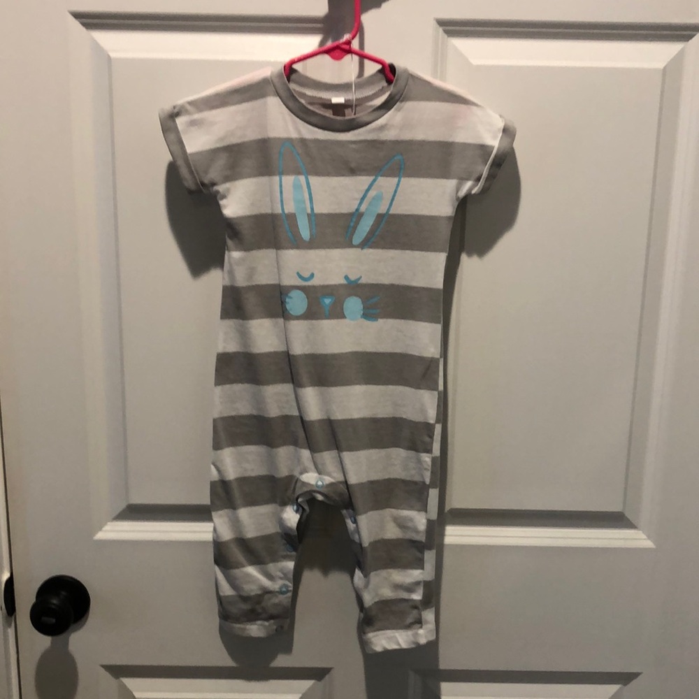 Okie Dokie Gray and White Striped Bodysuit with Graphic Detail